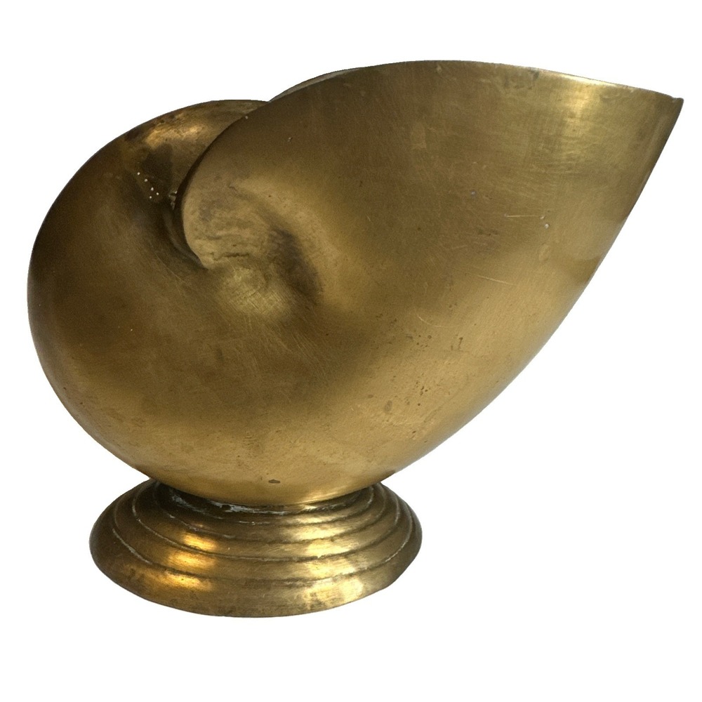 Vtg MCM Brass Nautilus Sea Shell Planter Vase Decor 1950's Ribbed Pedestal Base